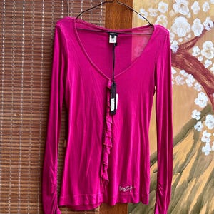 Vintage Miss Sixty Y2k Pink Ruffle Top - Long Sleeve Scoop Neck Sz XS