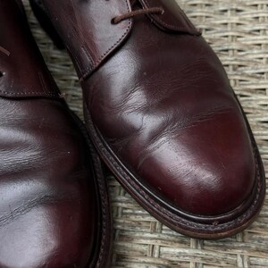 May include: A pair of burgundy leather dress shoes with brown laces. The shoes have a rounded toe and a stitched sole. The leather has a polished finish and shows subtle variations in color.