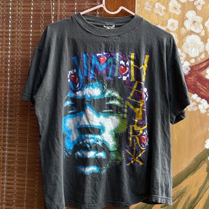 Vintage 90er Jahre Jimi Hendrix All Over Print T-Shirt: Rock Blues Psychedelic