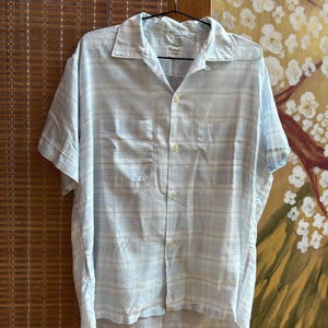 Vintage 50s Pennleigh Loop Collar Blue Plaid Short Sleeve Shirt Rockabilly Sz L image 1