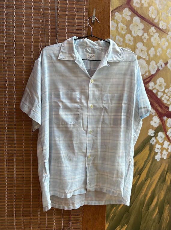 Vintage 50s Pennleigh Loop Collar Blue Plaid Short Sleeve Shirt Rockabilly Sz L