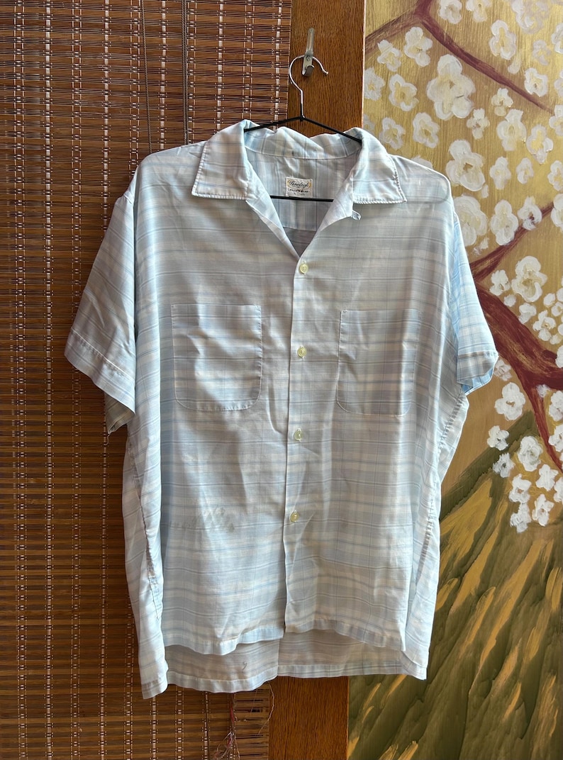 Vintage 50s Pennleigh Loop Collar Blue Plaid Short Sleeve Shirt Rockabilly Sz L image 1