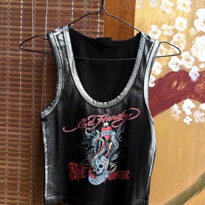 y2k❤️ 00s Ed Hardy スカル 両面ロゴ リブ タンクトップ LKS Skull Black Zip Front Cropped Hoodie
