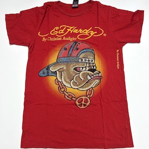 Vintage Ed Hardy Rhinestone Bulldog T-shirt Size M Red Made In USA