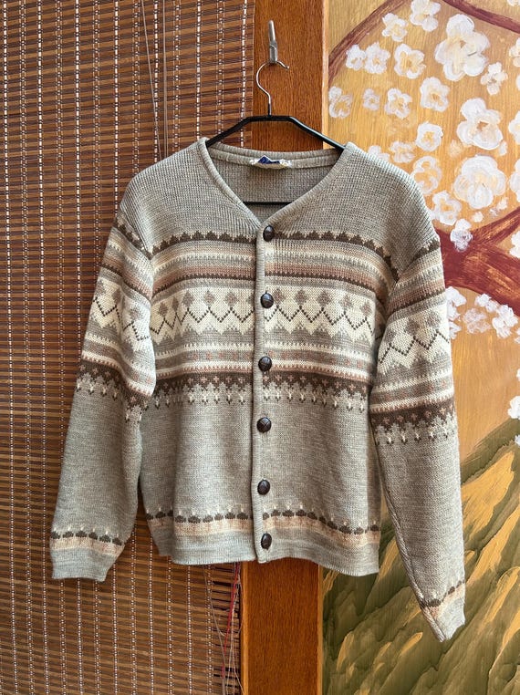 Vintage 60’s Caldwell Patterned Wool Knitted Sweater Cardigan Canada Size XL