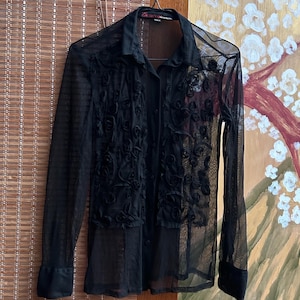 Vintage Y2K Miss Sixty Black Mesh Floral Embroidered Ruffled Blouse Sz M