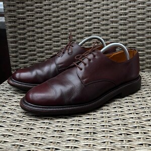 May include: A pair of burgundy leather dress shoes with laces. The shoes have a classic design with a rounded toe and a low heel. Shoe trees are inserted in the shoes. The shoes are placed on a woven surface.