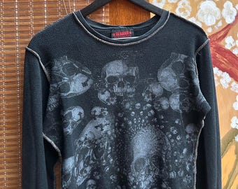 Vintage Y2K Serious Clothing LA Waffle Knit Long Sleeve: Skull Print Gothic Streetwear