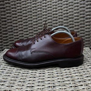 May include: A pair of burgundy leather dress shoes with brown laces. The shoes have a classic design with a rounded toe and a sturdy black sole. Shoe trees are inserted in the shoes to maintain their shape.