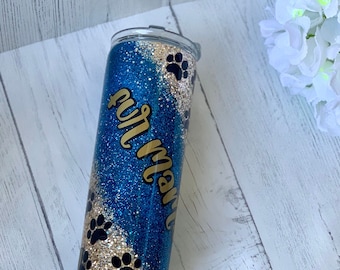 Fur Mom Tumbler, Fur Mama Mug, Dog Mom tumbler, Blue Gold Paw Print Glitter Custom Tumbler