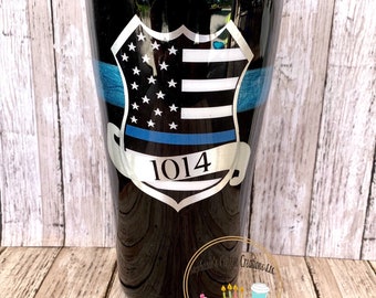 Police,  Blue Line, Flag Badge Number Tumbler, Custom Cop Cup