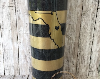 Custom Florida Tumbler, Gold & Black Striped Cup. Central Florida