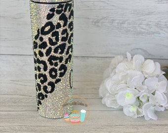 Personalized Bling Crystalized Rhinestone Tumbler- Custom Leopard Swirl Diamond Glass Stone Tumbler- Luxury Crystal Special Gift