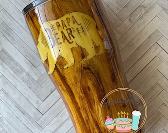 Custom Papa Bear Woodgrain Decorated Stainless Steel Tumbler Cup, Personalized Dad Gift, Gift for Grandpa, Mama Bear two-tonedWood Cup