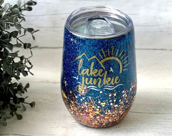 Lake Life Wine Tumbler, Glitter Lake Life Custom Cup, Blue and Gold Glitter, Gold Leaf personalized Wine Glass