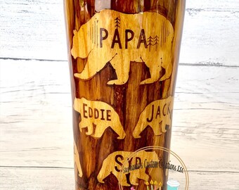 Custom Woodgrain Papa bear tumbler with kids names- Papa Tumbler