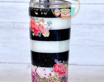 Glitter Striped Black and White Tumbler, Pink Flowers