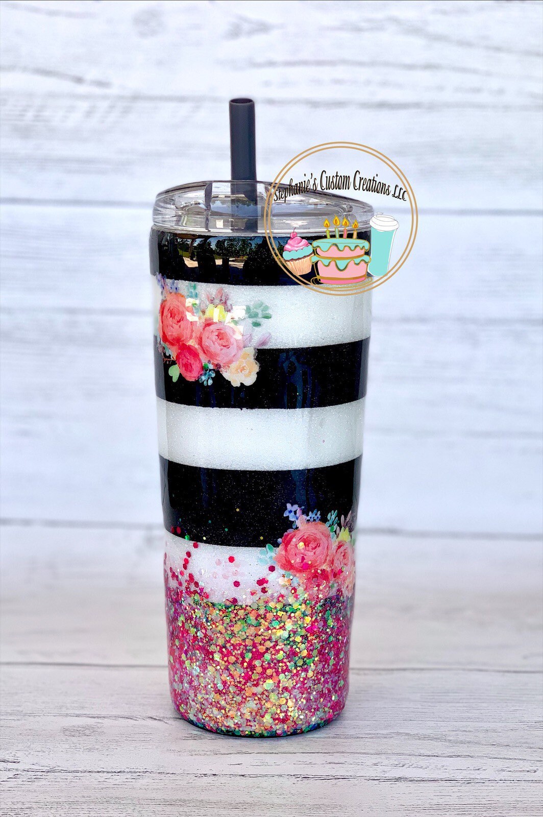 Black and Green Stripes Glitter Tumbler Drinkware Tumblers & Water