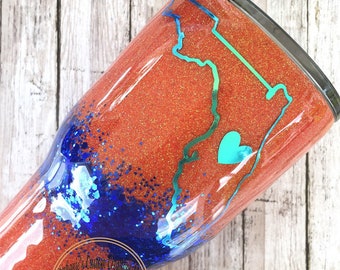 Orange and Blue state of Florida Glitter Tumbler, Custom Florida Personalized Cup for Fan