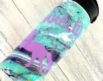 Personalized Glitter Swirl Horse Water bottle, Custom Purple Aqua & Turquoise Hydro dip Tumbler for Horse Lover, Purple Teal Aqua Gift Idea