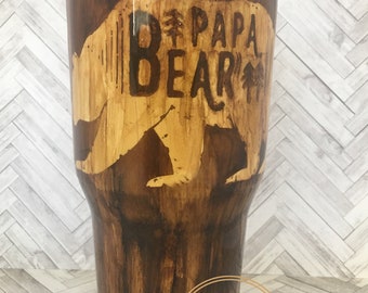 Custom Papa Bear Woodgrain Decorated Stainless Steel Tumbler Cup- Personalized Gift, Dad Cup, Grandpa Gift, Papa Bear, 30 oz