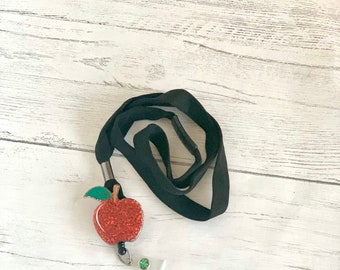 Teacher Apple Lanyard- Teacher ID Badge Holder Red- Custom Teacher Badge Reel