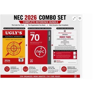 May include: NEC 2026 Combo Set complete reference bundle featuring Ugly's Electrical References 2026 edition, NFPA 70 National Electrical Code 2026 edition, and NFPA 70 Index Tabs 2026 edition. The set includes three distinct books and tabs.