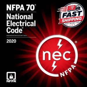 Op de afbeelding: Een zwart-rode afbeelding met de tekst NFPA 70 National Electrical Code 2020. Een cirkelvormig logo bevat de kleine letters nec met twee witte bliksemschichten. Een apart cirkelvormig embleem toont een vrachtwagenpictogram en de tekst FAST SHIPPING.