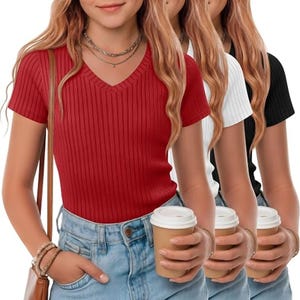 May include: A short-sleeved, ribbed knit top with a V-neckline, shown in three color variations: red, white, and black. The garment is paired with light blue denim jeans and is worn with a brown shoulder bag and a layered silver necklace.