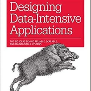 May include: A book titled Designing Data-Intensive Applications by Martin Kleppmann, published by O'Reilly. The cover features a red rectangular block with white text and a detailed black and white illustration of a wild boar leaping forward.
