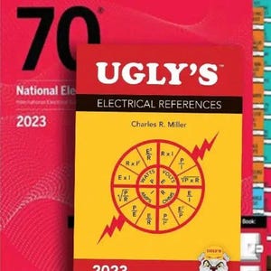 May include: A 2023 Ugly's Electrical References book with a yellow cover featuring a red electrical formula wheel and a bulldog illustration, positioned in front of a red NFPA 70 National Electrical Code 2023 book with white text and branding.