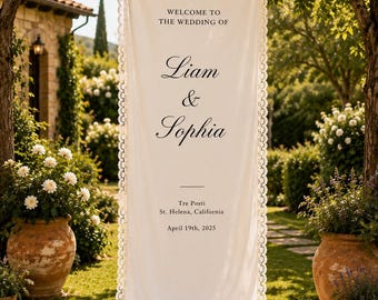 Letrero de bienvenida de boda con encaje, pancarta de tela de lino personalizada