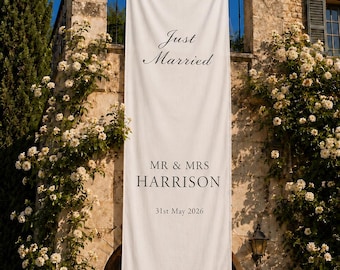 Letrero de bienvenida de boda personalizado en lino, pancarta moderna para exteriores, decoración personalizada para fiestas.