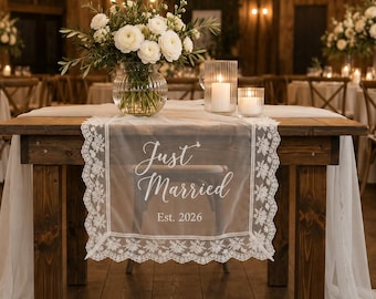 Camino de mesa de encaje personalizado "Just Married", decoración de mesa de boda transparente, pancarta para la mesa de los novios, decoración de recepción personalizada