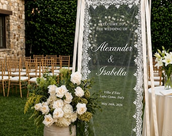Cartel de bienvenida para bodas personalizado con ribete de encaje, decoración para ceremonias de estilo bohemio.