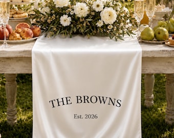 Personalized White Silk Wedding Table Runner, Custom Sweetheart Table Runner, Wedding Head Table Decor, Names & Date Banner