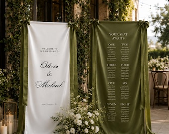 Letrero de bienvenida y cartel de distribución de mesas personalizados para bodas en satén / Tela de seda