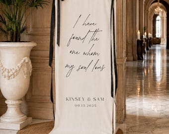Banner con cita personalizada para bodas, letrero de tela para bodas, decoración para el pasillo de la ceremonia, banner de boda personalizado, decoración romántica para bodas (tela con líneas)