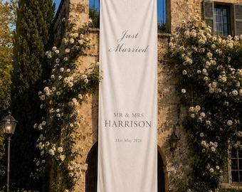 Letrero de bienvenida de boda personalizado en lino, pancarta moderna para exteriores, decoración personalizada para eventos.
