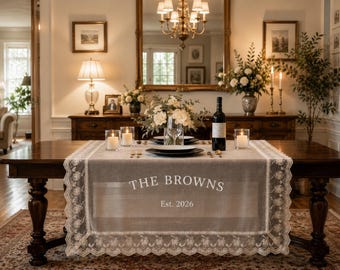 Personalized Lace Table Runner, Sheer Fabric Wedding Decor (Est. Date)