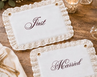 Decoración bordada o estampada para sillas de boda, letreros de lino para sillas "Recién casados", decoración de encaje para novios