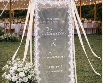 Custom Sheer Wedding Welcome Sign with Lace Trim, Personalized Bridal Entrance Decor