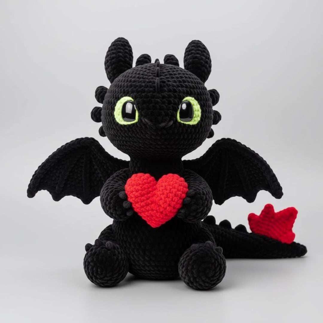 Soft Crochet Toothless Dragon Plush, Night Fury Amigurumi With Heart ...