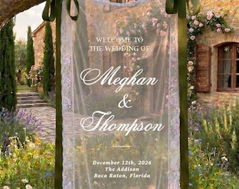 Letrero de bienvenida romántico de encaje para bodas, pancarta de ceremonia de tul transparente, decoración de recepción de tela