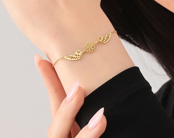 Personalized Double Angle Wings Birtflower Bracelet, Guardian Angel Wings Pendant, Multiple Birthflower Charm, Sentimental Memorial Jewelry