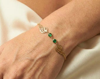 Minnesarmband med födelsesten Fint armband i guld med änglavingar Skyddsängelarmband i sterlingsilver för mamma Present till henne