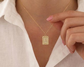 Personalized Rectangle Initial Pendant Necklace, Custom Letter Necklace, Personalized Jewelry, Gift for her, Christmas Gift, Birthday Gift