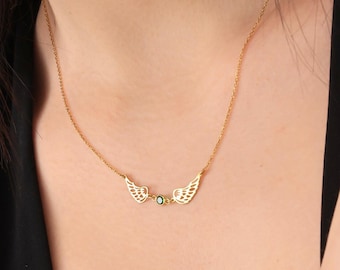 Engelsflügel Halskette, Benutzerdefinierte Birthstone Doppelter Engelsflügel Denim Halskette Geschenk für Sie, Schutzengel Sentimental Geschenk