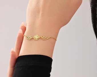 Personalized Double Angle Wings Birtflower Bracelet, Guardian Angel Wings Pendant, Multiple Birthflower Charm, Sentimental Memorial Jewelry