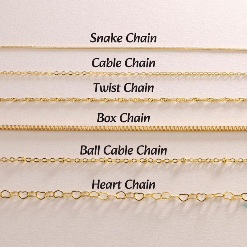May include: A selection of gold-colored chain necklaces, each with a unique design. The image displays six different chain styles: Snake Chain, Cable Chain, Twist Chain, Box Chain, Ball Cable Chain, and Heart Chain. Text labels identify each chain type.